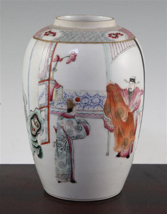 A Chinese famille rose ovoid jar, Qianlong four character mark, late 19th century, 19cm